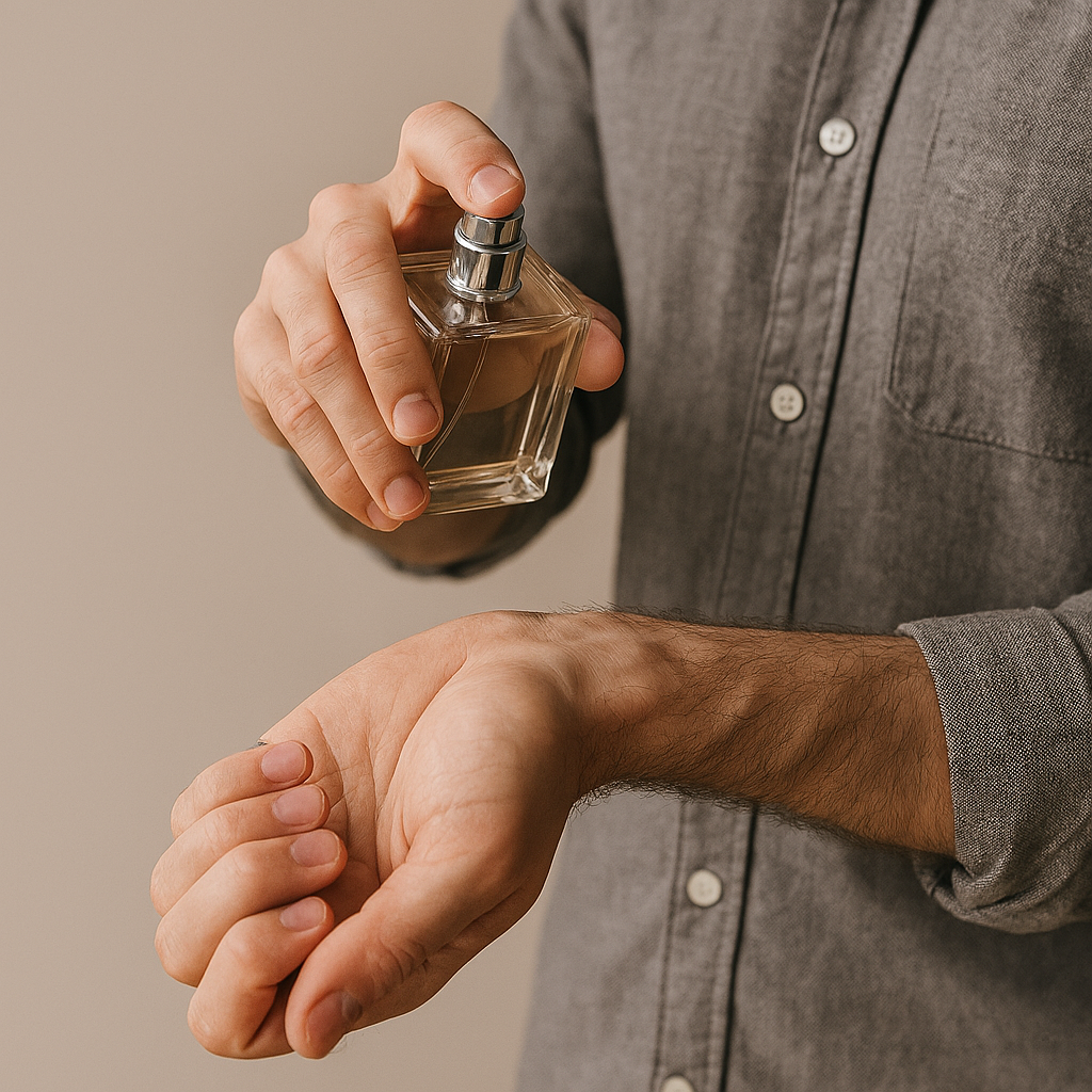 Applying Nafee perfume on wrist for long-lasting fragrance.