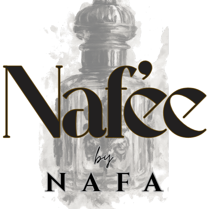 Nafee Perfumes and Nafa Accessories logo with artistic perfume bottle illustration with dark background