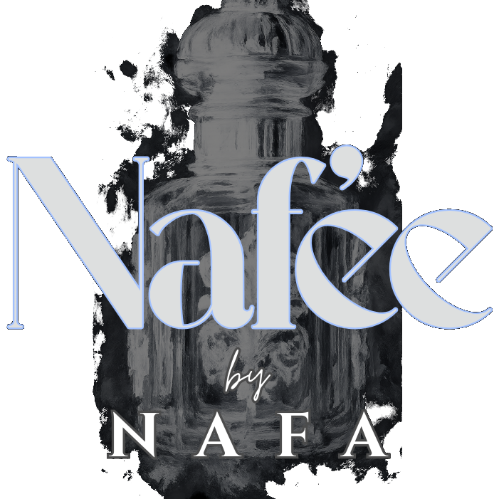 Nafee Perfumes and Nafa Accessories logo with artistic perfume bottle illustration with dark background